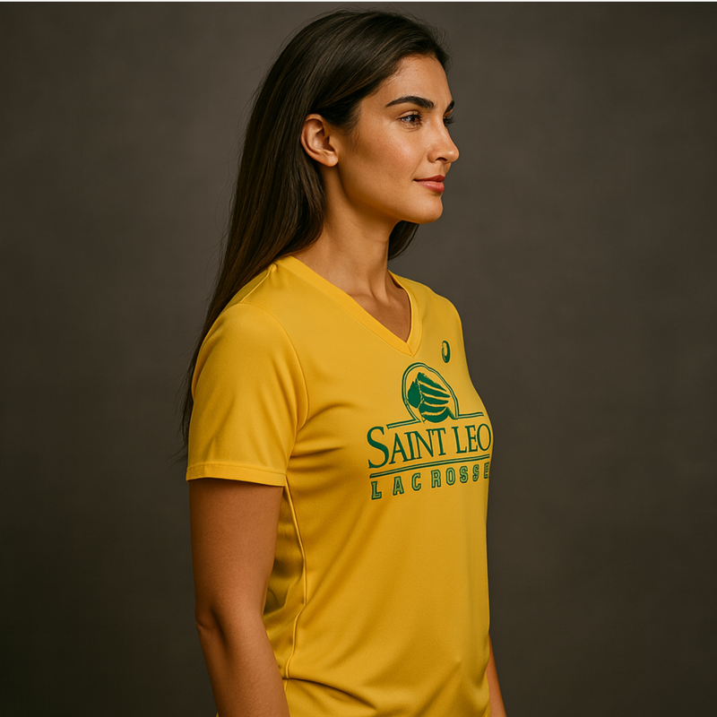 SLU Women's Lacrosse V Neck  Oxymesh Gold Tee Shirt (Saint Leo Collection)